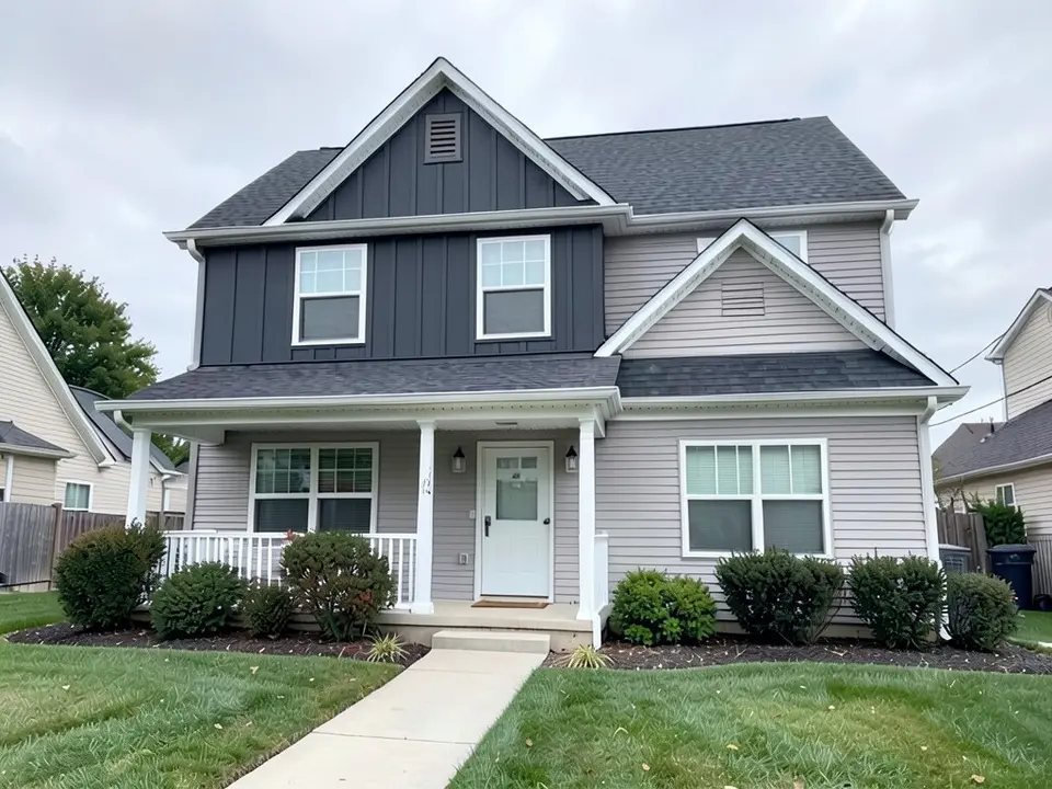 The same house with dark charcoal vertical siding on the top gable and the center second-floor wall; gray lap siding on the lower floor and right side kept