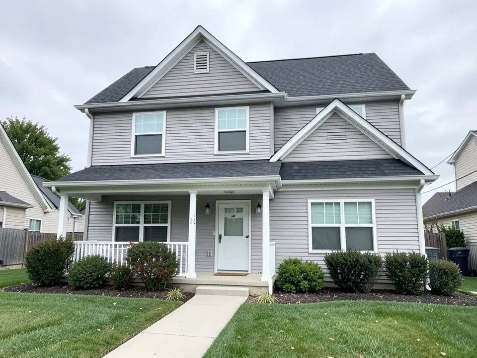 AI-drawn generic stand-in of a two-story house with light gray horizontal vinyl siding, white trim, a covered porch with white posts, a white front door and a dark gray roof with a front-facing gable