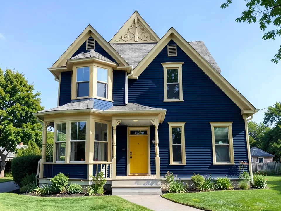 The same Victorian house with deep navy siding including the bay, pale gold-cream trim, posts and gable scrollwork, and a mustard yellow front door; roof, bay window and porch kept