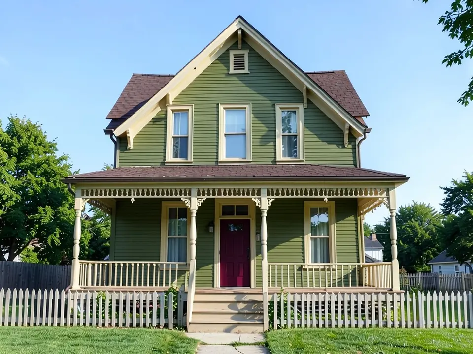 The same Victorian house with olive green siding, cream trim, cream porch posts, brackets and spindle frieze, and a burgundy front door; roof, porch and picket fence kept