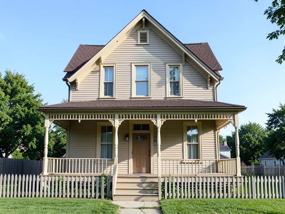AI-drawn stand-in of a two-story Victorian house seen straight on, with beige horizontal siding and beige trim, a steep front gable, a dark brown shingle roof, a front porch with turned posts and a spindle frieze, a brown front door and a white picket fence