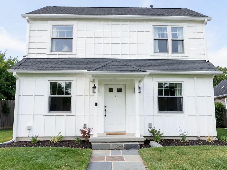 AI-drawn generic stand-in of a two-story white board-and-batten house with grey-framed windows, a white front door under a small porch, a grey shingle roof, a stone walkway and a green lawn