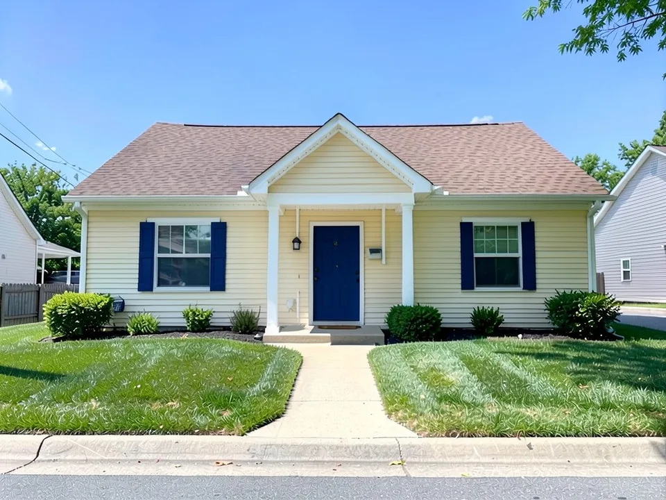 The same yellow house with navy blue shutters beside each front window and a navy blue front door; siding, trim and roof kept