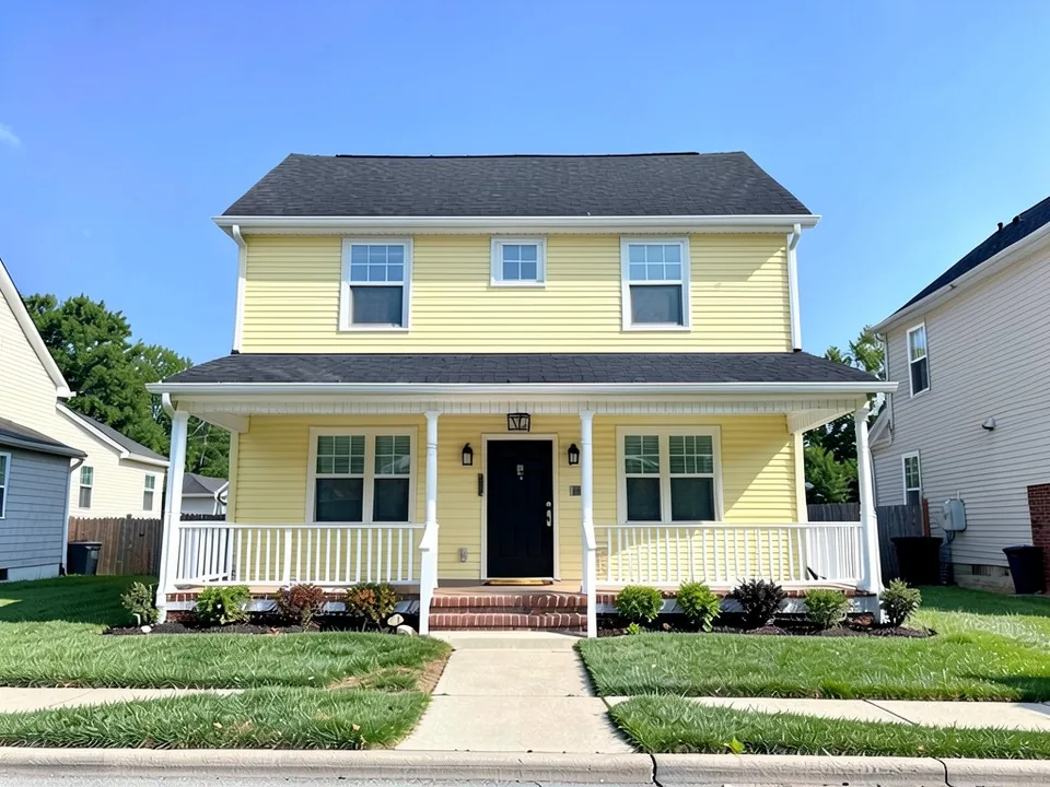 The same house with soft butter yellow siding; white trim, porch, black door and roof kept