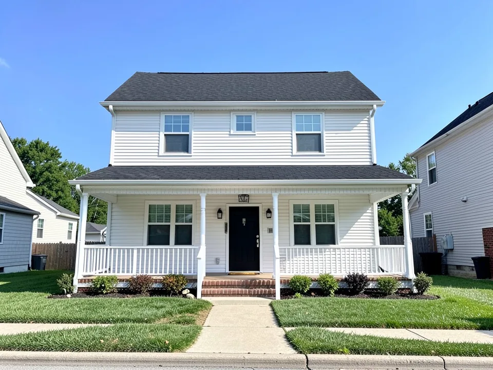 AI-drawn generic stand-in of a two-story house with a front porch, white siding, white trim, white porch posts and railings, a black front door and a black roof